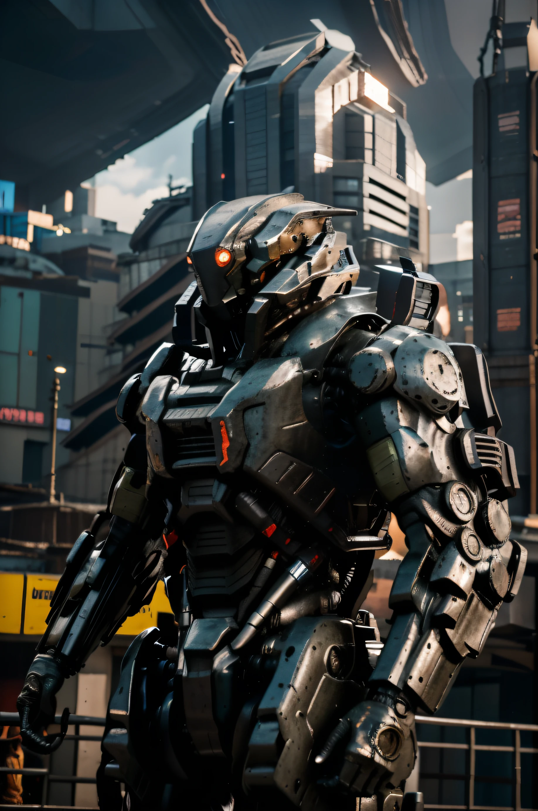 realistic photograph, cinematography, Robot gigante de combate en pose de combate en una ciudad futurista con edificios altos, edificios destruidos, mecha gigante, ambiente oscuro con neblina, forma humanoide