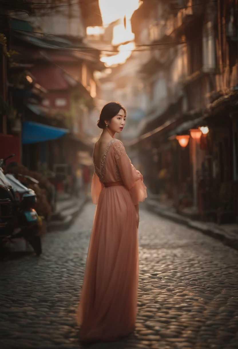 Menina da Coreia que anda na rua, cinematic style soft lighting glow effect