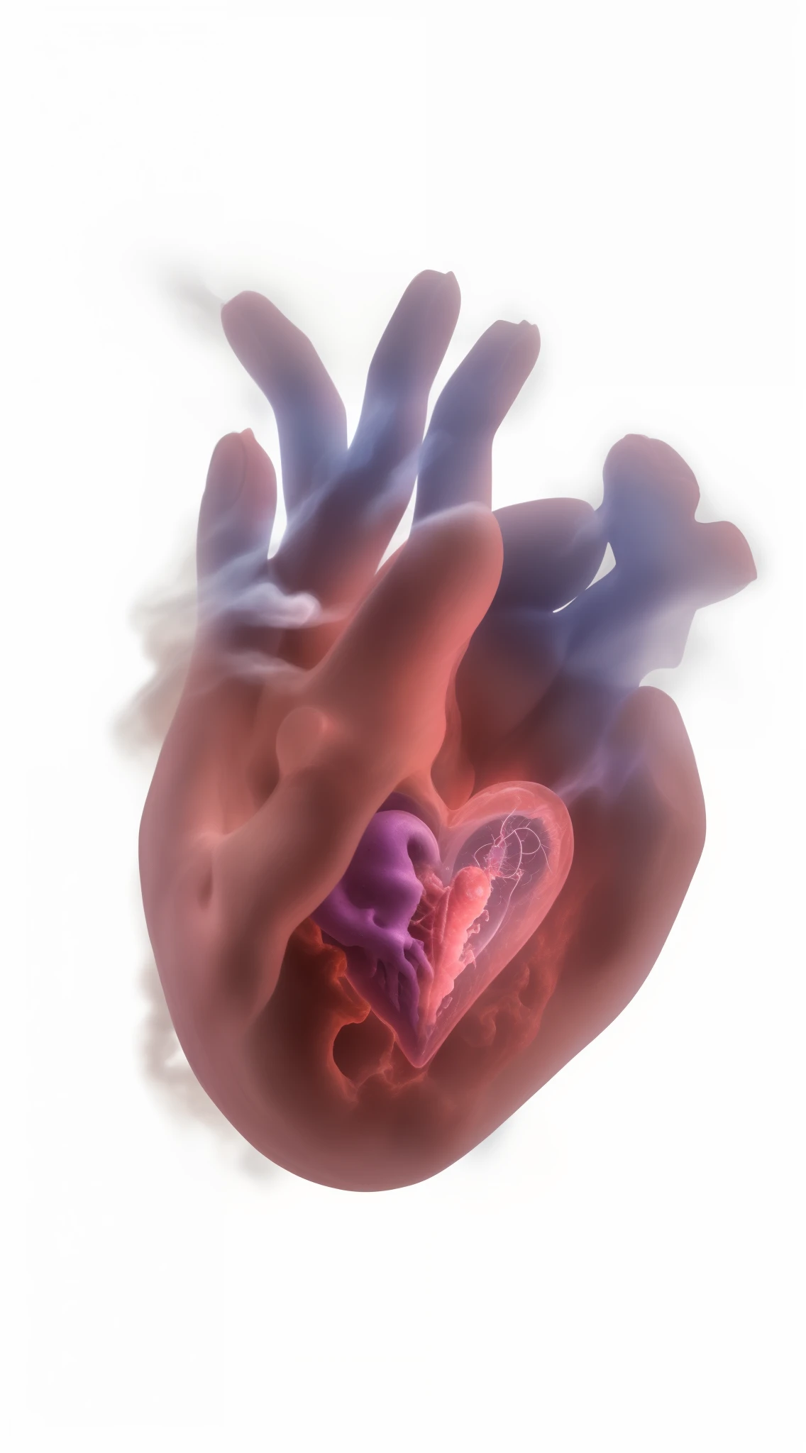 (best quality,highres,masterpiece:1.2),ultra-detailed,realistic,3D rendering,(human heart,anatomy:1.1)smoke, sculpted texture,emerging from darkness,glowing in the center,white smoke billowing around the heart,subtle hints of blue and purple,soft lighting emphasizing the texture and depth,medical illustration,artistic interpretation.