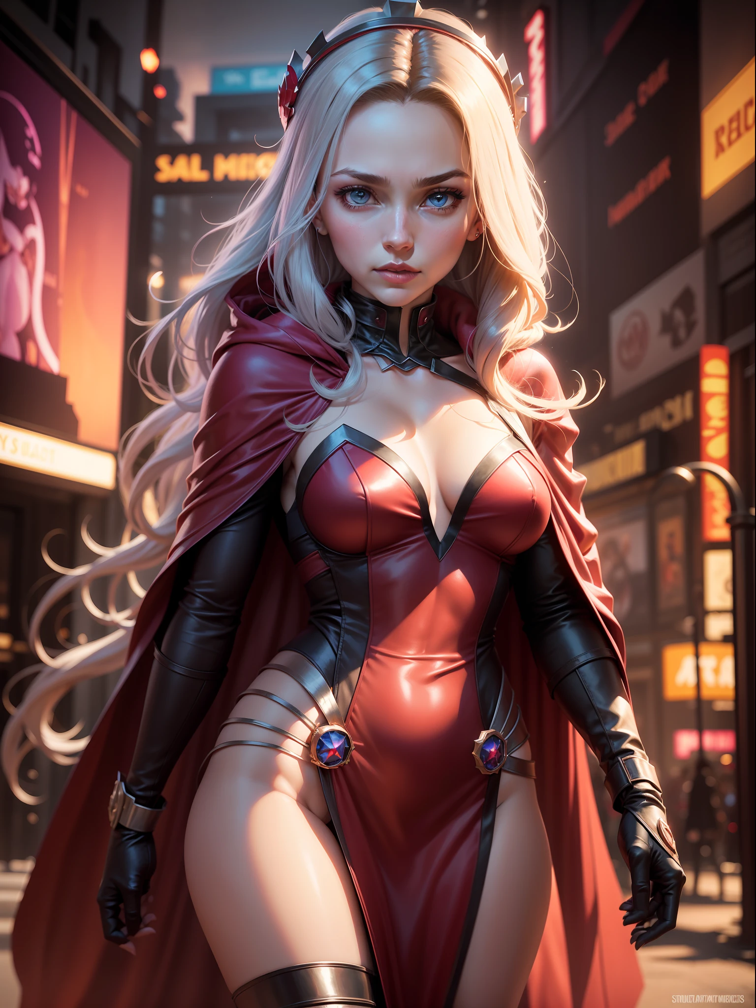 (New York: 1.5), (time square: 1.5), Scarlet Witch, whose real name is Wanda Maximoff, has magical powers and a connection to the Avengers. She has a distinct physical appearance and iconic costume. Here is a detailed description of her physical appearance and clothing: Physical appearance: Face: Gorgeous, 35-year-old woman, large intricate eyes, perfect, beautiful Hair: Wanda Maximoff has long and usually brown or dark brown hair. The length of the hair can vary in different representations, but it is often worn loose or with strands falling over the face. Eye: Her eyes are often portrayed as blue. In moments of intense magical or emotional activity, her eyes may glow a brighter shade of intense violet. Height and Physical Shape: She is a woman of medium to tall height with a slender and athletic figure. Her appearance is often described as seductive and elegant. Typical Clothing: Scarlet Witch's costume is the Scarlet Dress: She usually wears a dark red or scarlet dress that covers her entire body, including her arms and legs. The dress is often decorated with black details, such as bands or lines, which give it an elegant and seductive look. Scarlet Cloak: Over her dress, the Scarlet Witch wears a scarlet cloak that often has a cape that can be pulled up and over her head, creating a hooded cape that accentuates her magical and mysterious look. gloves and boots: She wears gloves and boots that match the color of her dress and cape. These gloves and boots are often decorated with black or silver details. tiara crown: In some depictions, Wanda Maximoff wears a crown or tiara that adds a regal touch to her look. This crown usually has a jewel in the center and is used as a symbol of her magical royalty. jewelry: Scarlet Witch is also known to wear magical jewelry, such as the "Eye of Fate," which plays a role in her magical abilities. (slender body: 1.5), (minimal clothes: 1.5), (large breasts: 1.3), (hanging breasts: 1.5), (disproportio