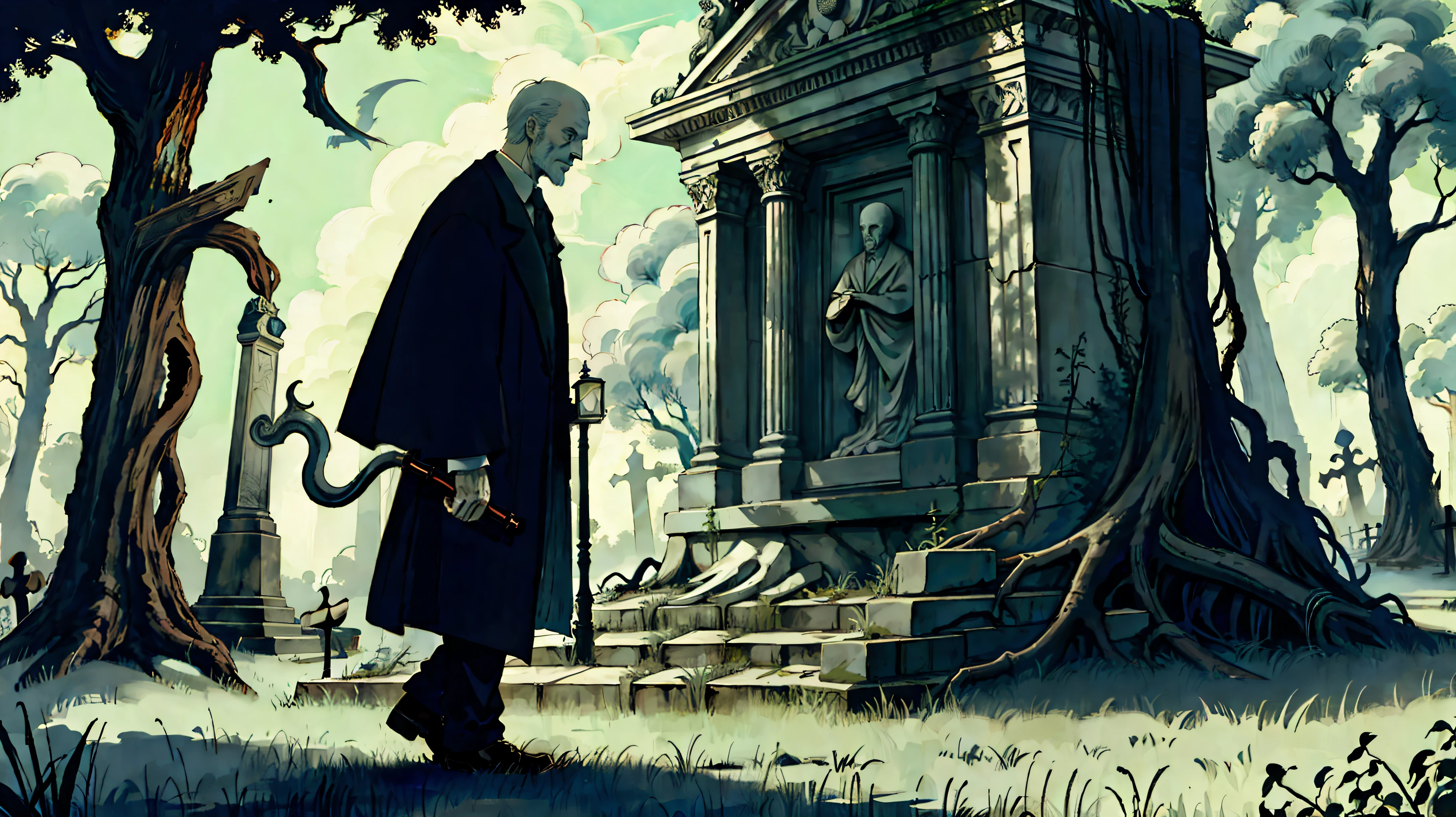An elemental cryptid in an enchanting cemetery by Edward Gorey and Fritz Bleyl