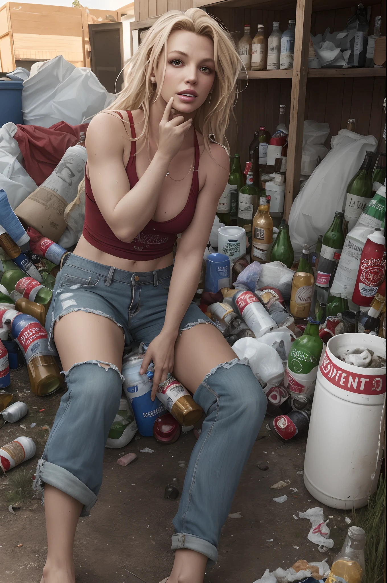 White trash Britney Spears living on trailer drunk, beer bottles, a lot of trash, ugly clothes, dirty, super realistic, 4k