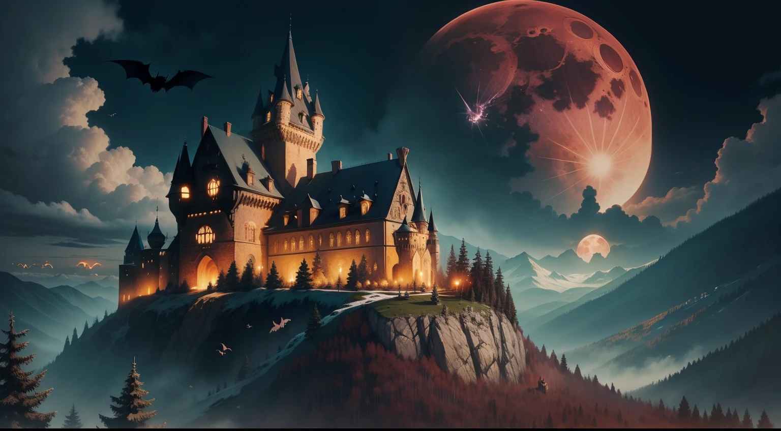 Old transylvanian castle in mountain, bats, owls, blood moon, wolfs