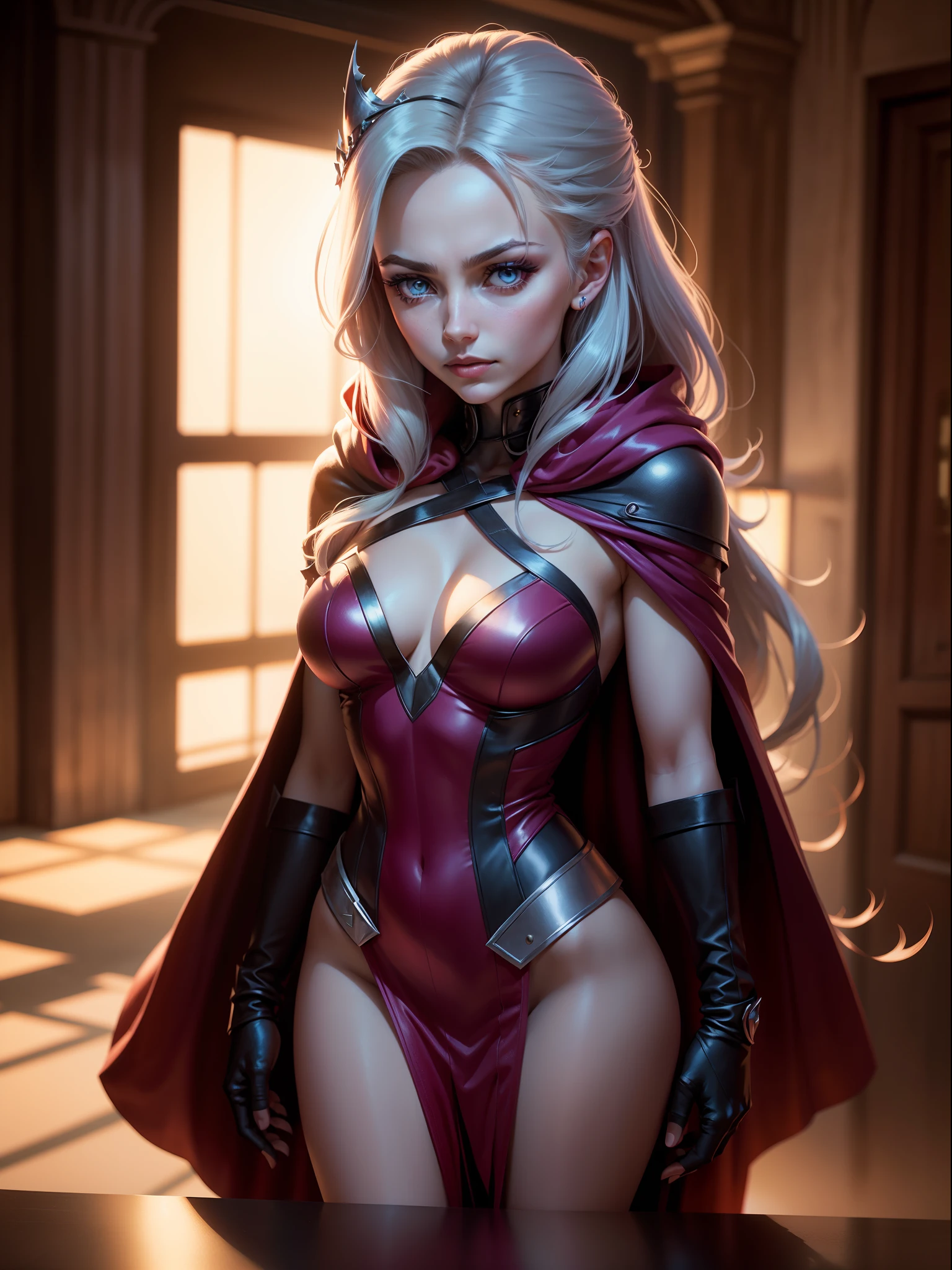 (New York: 1.5), (time square: 1.5), Scarlet Witch, whose real name is Wanda Maximoff, has magical powers and a connection to the Avengers. She has a distinct physical appearance and iconic costume. Here is a detailed description of her physical appearance and clothing: Physical appearance: Face: Gorgeous, 35-year-old woman, large intricate eyes, perfect, beautiful Hair: Wanda Maximoff has long and usually brown or dark brown hair. The length of the hair can vary in different representations, but it is often worn loose or with strands falling over the face. Eye: Her eyes are often portrayed as blue. In moments of intense magical or emotional activity, her eyes may glow a brighter shade of intense violet. Height and Physical Shape: She is a woman of medium to tall height with a slender and athletic figure. Her appearance is often described as seductive and elegant. Typical Clothing: Scarlet Witch's costume is the Scarlet Dress: She usually wears a dark red or scarlet dress that covers her entire body, including her arms and legs. The dress is often decorated with black details, such as bands or lines, which give it an elegant and seductive look. Scarlet Cloak: Over her dress, the Scarlet Witch wears a scarlet cloak that often has a cape that can be pulled up and over her head, creating a hooded cape that accentuates her magical and mysterious look. gloves and boots: She wears gloves and boots that match the color of her dress and cape. These gloves and boots are often decorated with black or silver details. tiara crown: In some depictions, Wanda Maximoff wears a crown or tiara that adds a regal touch to her look. This crown usually has a jewel in the center and is used as a symbol of her magical royalty. jewelry: Scarlet Witch is also known to wear magical jewelry, such as the "Eye of Fate," which plays a role in her magical abilities. (slender body: 1.5), (minimal clothes: 1.5), (large breasts: 1.3), (hanging breasts: 1.5), (disproportio