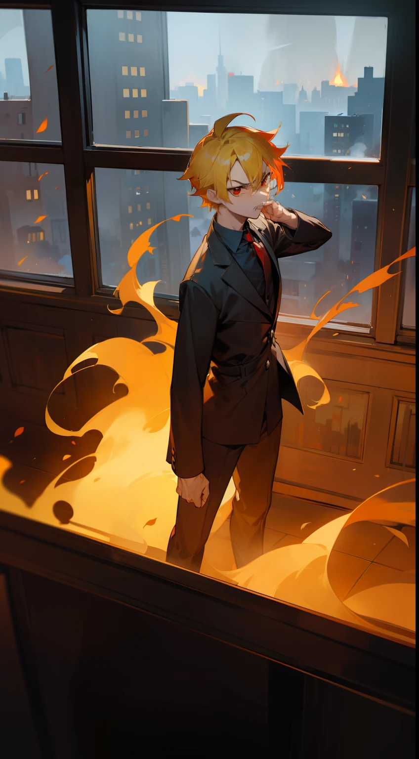 1man,(((male))),solo,40s,angry face,teacher outfit,fire in hair, yellow hair,short hair,red eyes,standing in front of a window, night