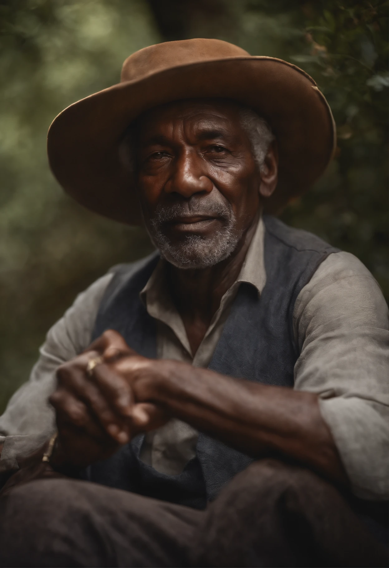 painting of a man with a pipe and hat in, Retrato de esconder a dor Harold, aboriginal australian hipster, Esconda a dor Haroldo, inspirado em Albert Namatjira, Directed by: Albert Namatjira, um velho, Arte de Pedro Bell, in a oil painting style, Directed by: Stan Stokes, old man, great likeness, Old man and wise soft front light, brilho, HDR, (cores suaves: 1.2) hiperealista,realista, Realismo, renderizado, Alto contraste, digital art photographyrealistic trend in Artstation 8k HD high definition detailed realistic, detalhado, textura da pele, hiper detalhado, textura de pele realista, armadura, melhor qualidade, ultra high-resolution, (fotografiarrealista: 1.4), alta resolução, detalhado, Calado bruto, sharp re, por lee jeffries Nikon D850 Filme Fotografia de Stock 4 Kodak Portra 400 Lente F1.6 Rich Colors Realistic Texture Dramatic Texture Dramatic Lighting Irrealengine Trend on Artstation Cinestill 800