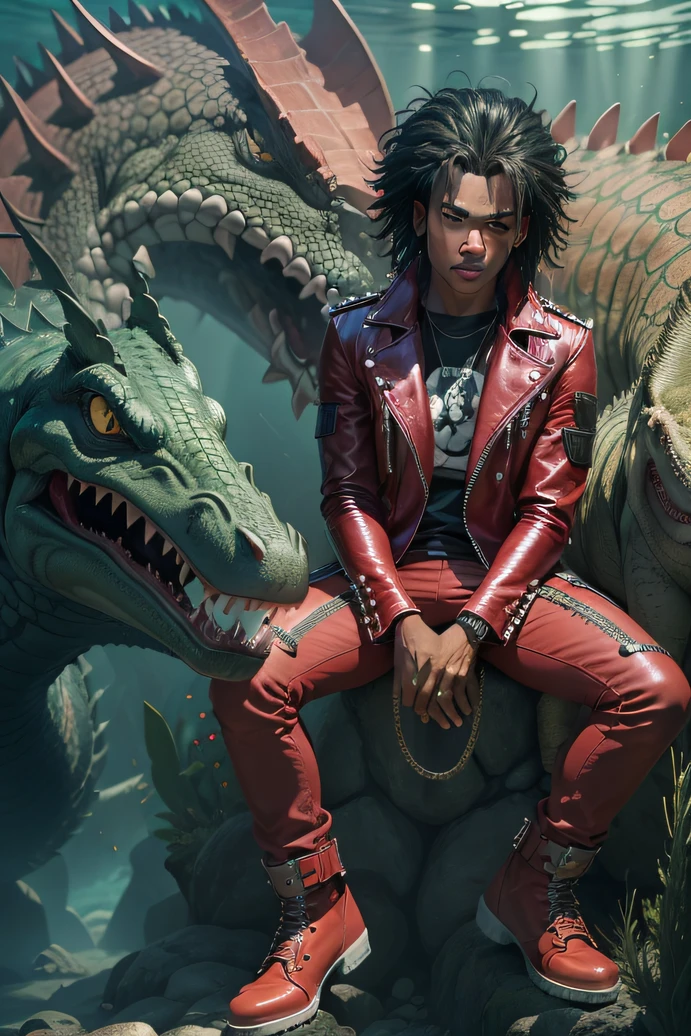 jaqueta de crocodilo (alta qualidade:1.2),menino de pele negra ,cabelo verde de metal encaracolado,jaqueta de lagarto,vestido rosa,botas vermelhas,Rockstar posa,Segurando um baixo iridescente,underwater background , anime , manga
