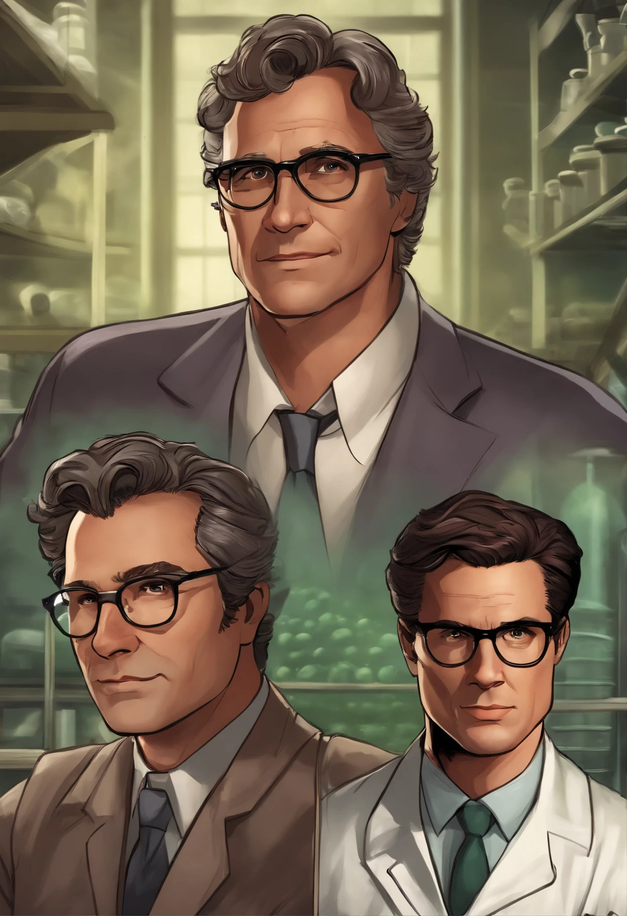 portray Bruce Banner as a middle-aged scientist with dark brown or black hair combed back and brown eyes wearing a lab coat and his glasses with thick, rectangular frame glasses that lend an air of intellectuality and scientificity to his appearance;. Their physical constitution is usually described as lean with average height.