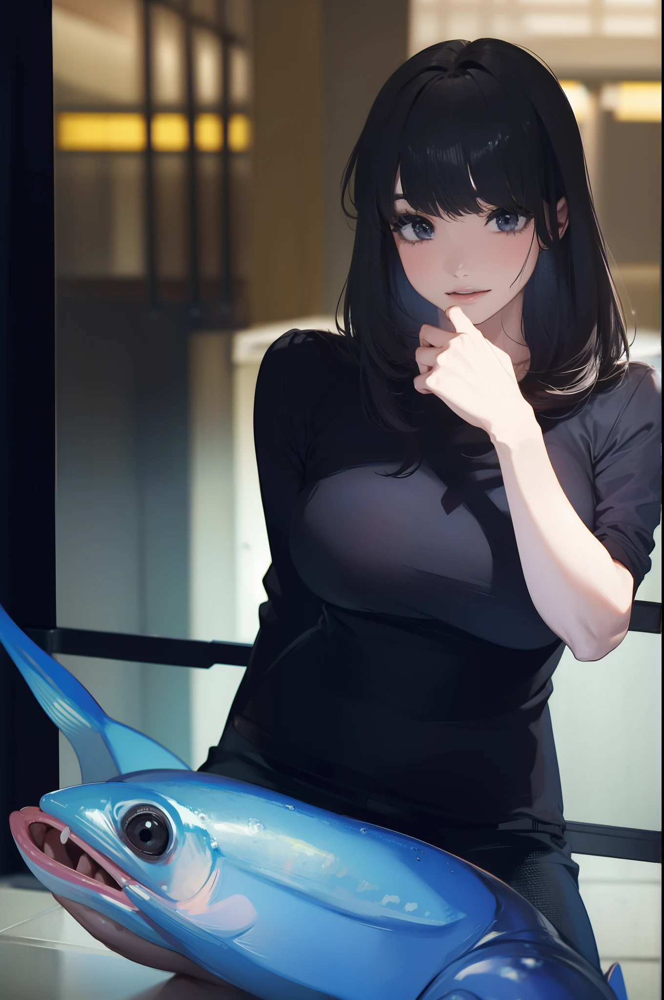 Black clothe,Dark hair