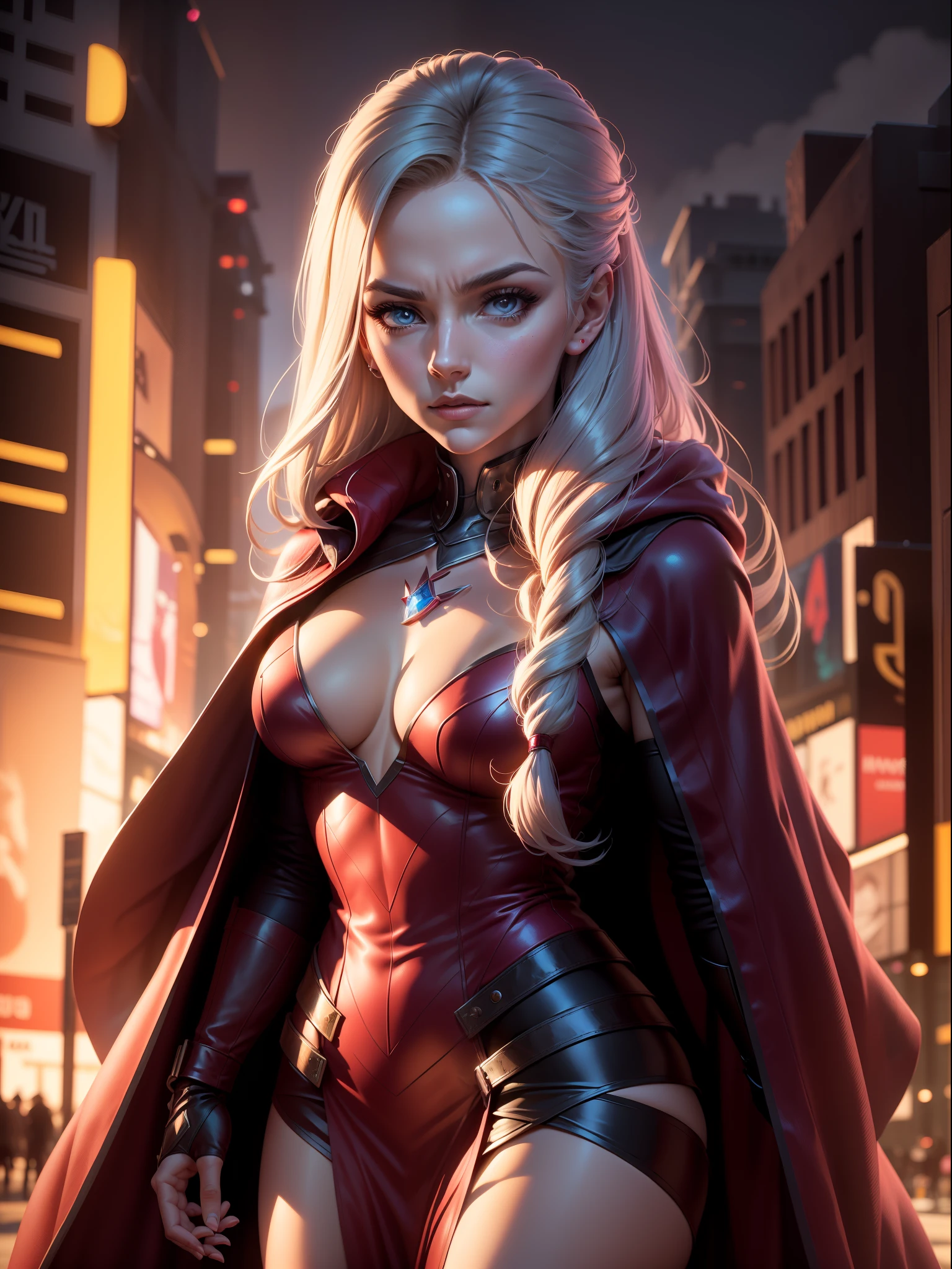 (New York: 1.5), (time square: 1.5), Scarlet Witch, whose real name is Wanda Maximoff, has magical powers and a connection to the Avengers. She has a distinct physical appearance and iconic costume. Here is a detailed description of her physical appearance and clothing: Physical appearance: Face: Gorgeous, 35-year-old woman, large intricate eyes, perfect, beautiful Hair: Wanda Maximoff has long and usually brown or dark brown hair. The length of the hair can vary in different representations, but it is often worn loose or with strands falling over the face. Eye: Her eyes are often portrayed as blue. In moments of intense magical or emotional activity, her eyes may glow a brighter shade of intense violet. Height and Physical Shape: She is a woman of medium to tall height with a slender and athletic figure. Her appearance is often described as seductive and elegant. Typical Clothing: Scarlet Witch's costume is the Scarlet Dress: She usually wears a dark red or scarlet dress that covers her entire body, including her arms and legs. The dress is often decorated with black details, such as bands or lines, which give it an elegant and seductive look. Scarlet Cloak: Over her dress, the Scarlet Witch wears a scarlet cloak that often has a cape that can be pulled up and over her head, creating a hooded cape that accentuates her magical and mysterious look. gloves and boots: She wears gloves and boots that match the color of her dress and cape. These gloves and boots are often decorated with black or silver details. tiara crown: In some depictions, Wanda Maximoff wears a crown or tiara that adds a regal touch to her look. This crown usually has a jewel in the center and is used as a symbol of her magical royalty. jewelry: Scarlet Witch is also known to wear magical jewelry, such as the "Eye of Fate," which plays a role in her magical abilities. (slender body: 1.5), (minimal clothes: 1.5), (large breasts: 1.3), (hanging breasts: 1.5), (disproportio