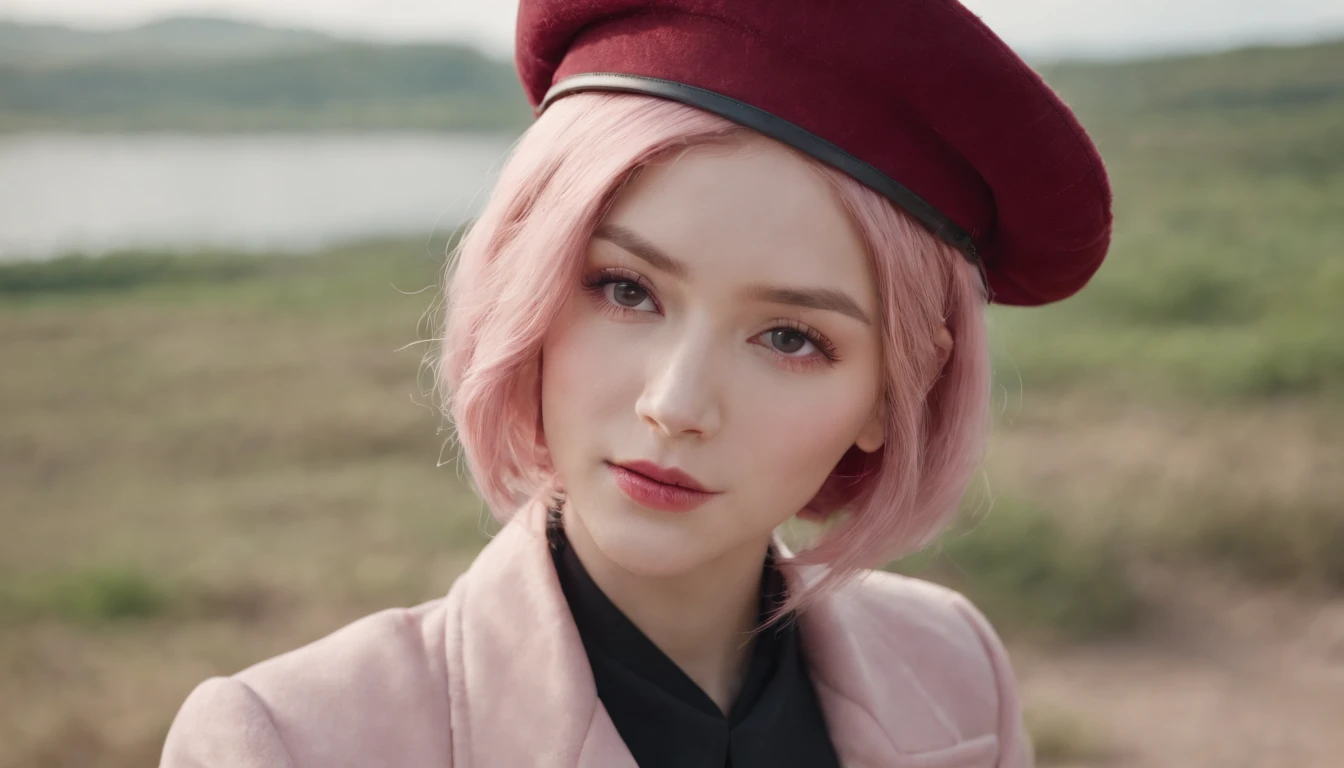 short pastel pink hair, short shoulder length hair, light pink hair, closed eyes, pale skin, porcelain skin, burgundy red cap, red cap, a light blush, looking at the viewer, red tie, red soldier clothes, burgundy red boots, repairing a battle tank