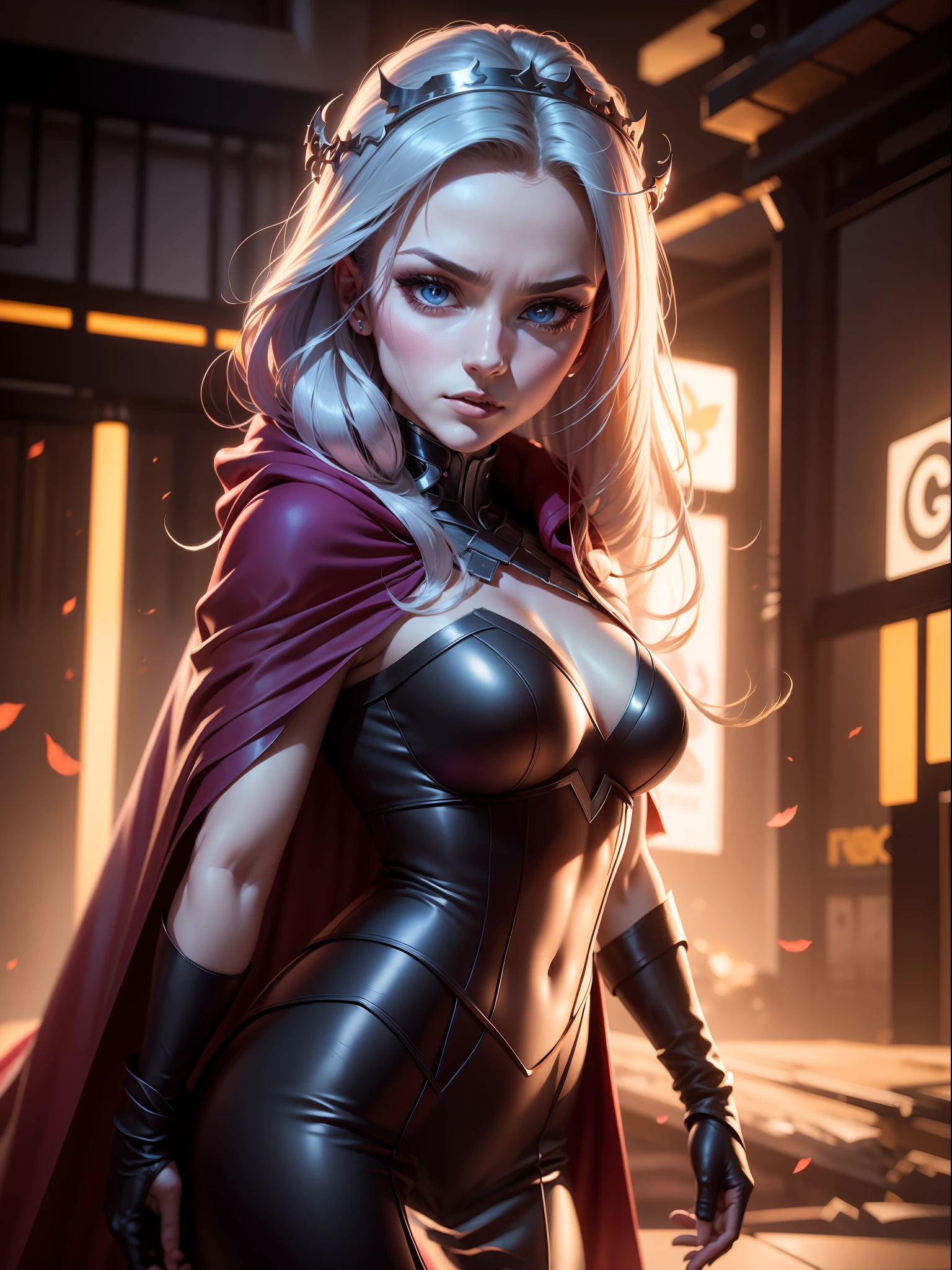 (New York: 1.5), (time square: 1.5), Scarlet Witch, whose real name is Wanda Maximoff, has magical powers and a connection to the Avengers. She has a distinct physical appearance and iconic costume. Here is a detailed description of her physical appearance and clothing: Physical appearance: Face: Gorgeous, 35-year-old woman, large intricate eyes, perfect, beautiful Hair: Wanda Maximoff has long and usually brown or dark brown hair. The length of the hair can vary in different representations, but it is often worn loose or with strands falling over the face. Eye: Her eyes are often portrayed as blue. In moments of intense magical or emotional activity, her eyes may glow a brighter shade of intense violet. Height and Physical Shape: She is a woman of medium to tall height with a slender and athletic figure. Her appearance is often described as seductive and elegant. Typical Clothing: Scarlet Witch's costume is the Scarlet Dress: She usually wears a dark red or scarlet dress that covers her entire body, including her arms and legs. The dress is often decorated with black details, such as bands or lines, which give it an elegant and seductive look. Scarlet Cloak: Over her dress, the Scarlet Witch wears a scarlet cloak that often has a cape that can be pulled up and over her head, creating a hooded cape that accentuates her magical and mysterious look. gloves and boots: She wears gloves and boots that match the color of her dress and cape. These gloves and boots are often decorated with black or silver details. tiara crown: In some depictions, Wanda Maximoff wears a crown or tiara that adds a regal touch to her look. This crown usually has a jewel in the center and is used as a symbol of her magical royalty. jewelry: Scarlet Witch is also known to wear magical jewelry, such as the "Eye of Fate," which plays a role in her magical abilities. (slender body: 1.5), (minimal clothes: 1.5), (large breasts: 1.3), (hanging breasts: 1.5), (disproportio