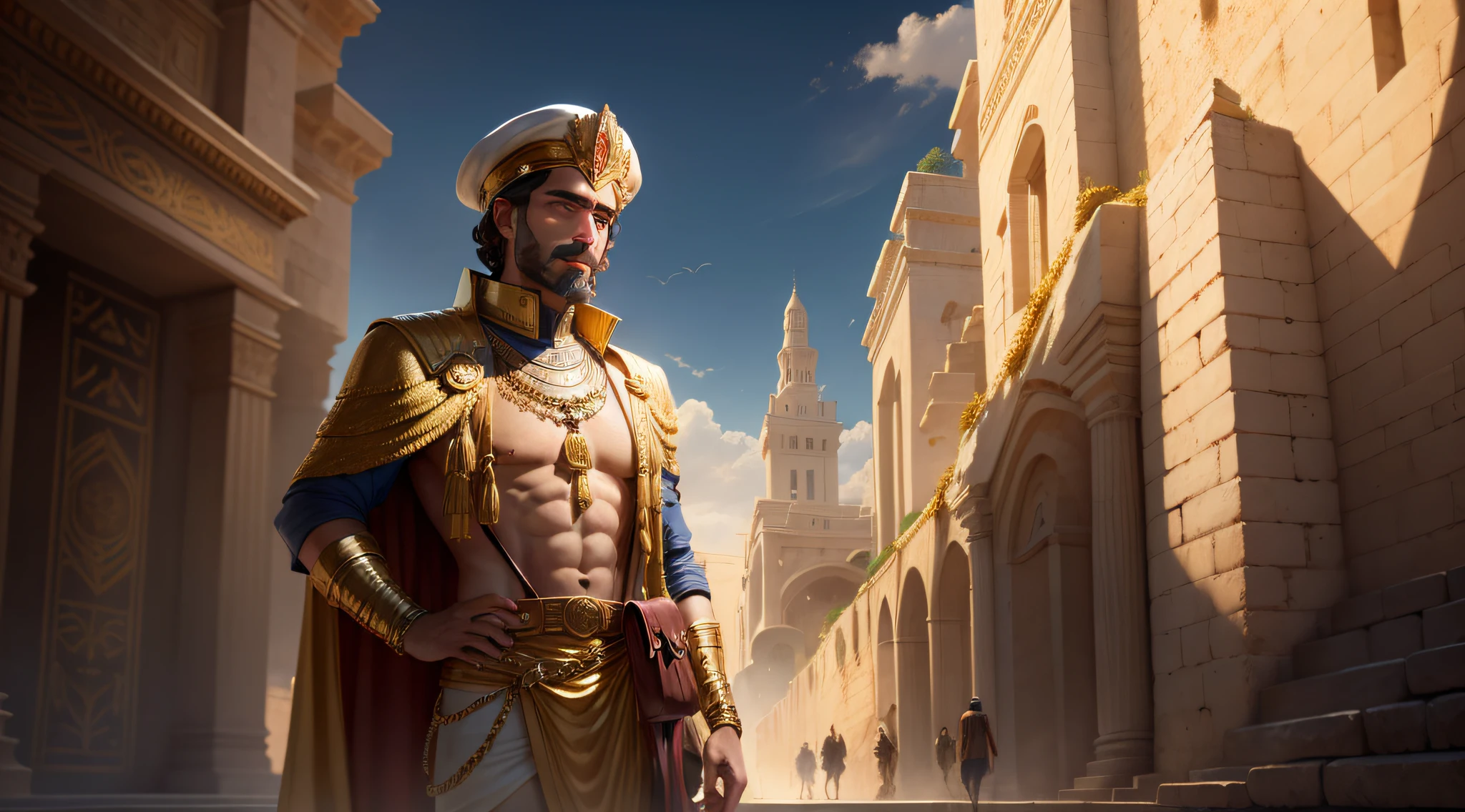 Illustrious Arkad, the richest man in Babylon, with a bag of gold in a Babylonian landscape.