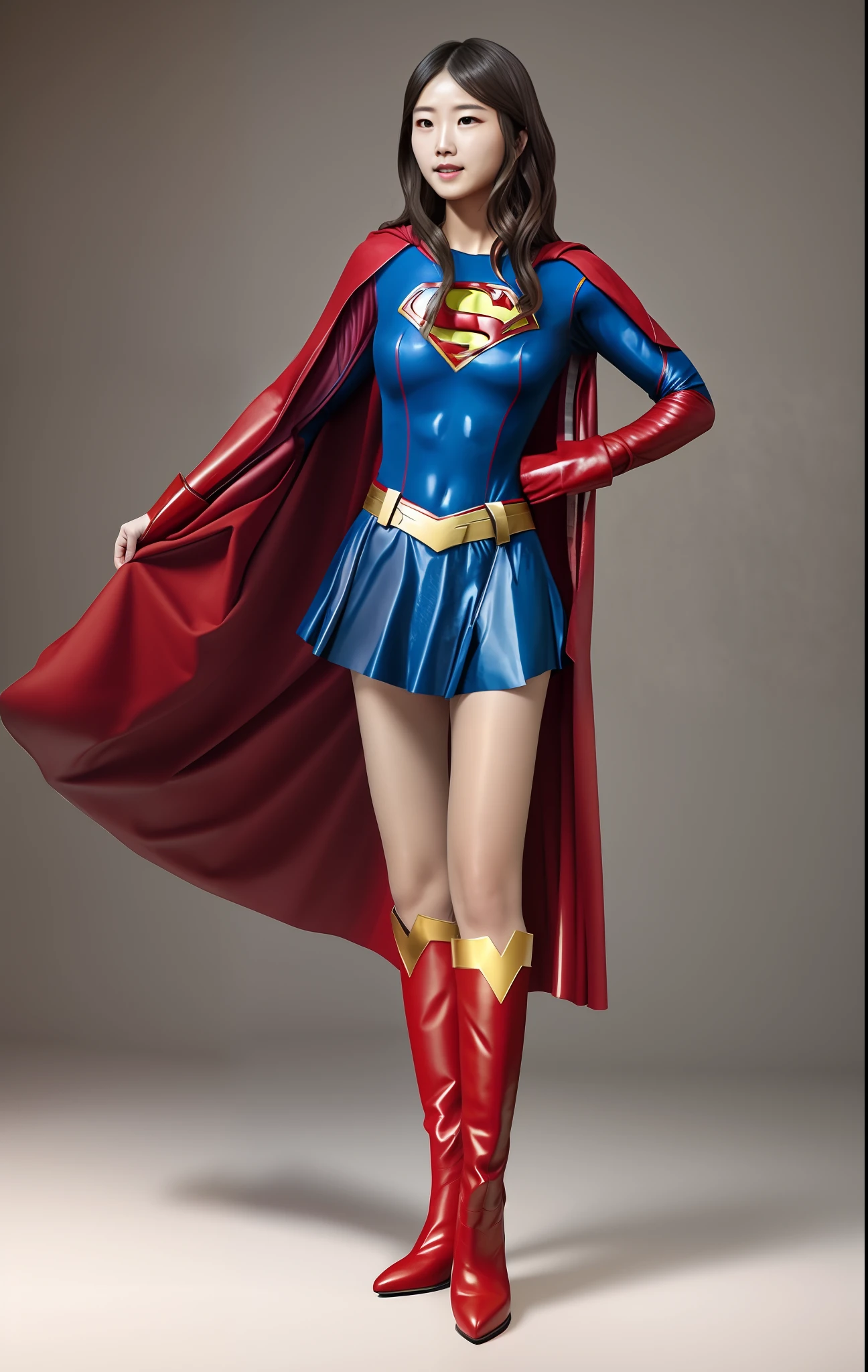 (((Make the most of the original image)))、(((Be sure to wear black tights)))、(((Supergirl Costume)))、(((lustrous dark hair)))、(((Suffering)))、(((Smiling)))、(((Be sure to wear red boots)))、(((Hung)))、((Top image quality、8K))、((top-quality、8K、​masterpiece:1.3))、Crisp focus:1.2、Beautiful woman with perfect body shape:1.4、Slender Abs:1.2、((layers-Cut))、a wet body:1.5、Highly detailed facial and skin texture、Wearing red boots、