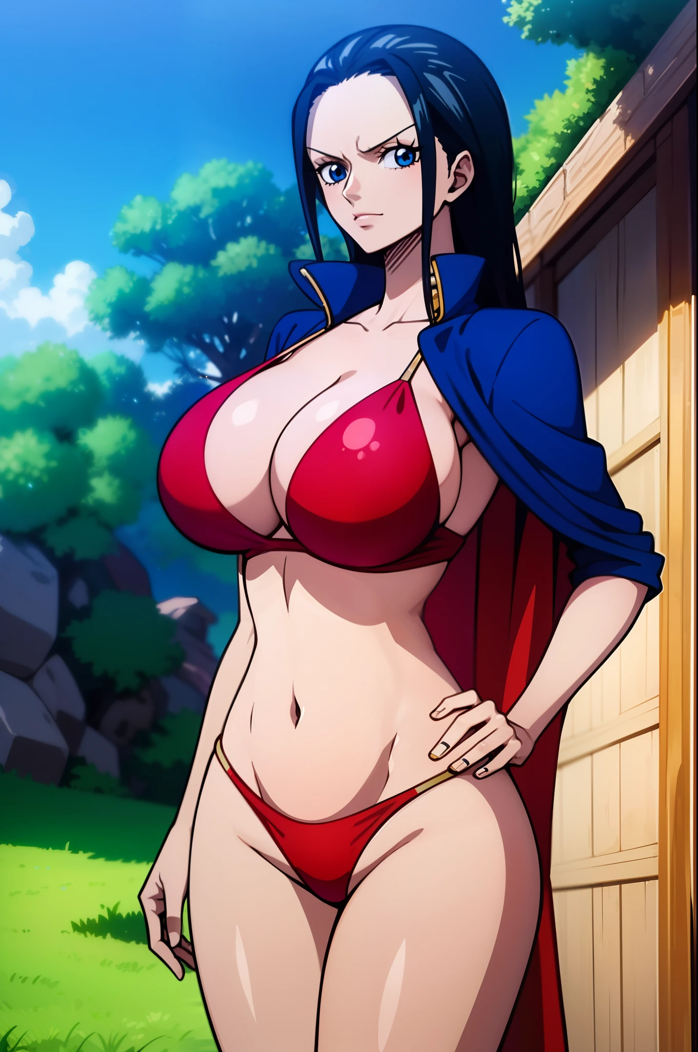 Robin de One Piece, sexy pose, What if , Elly, Red sari, 8k, anime, Shore, Big Boob, large ass, Looks sexy perfect quality eyes blue eyes standing blue bikini