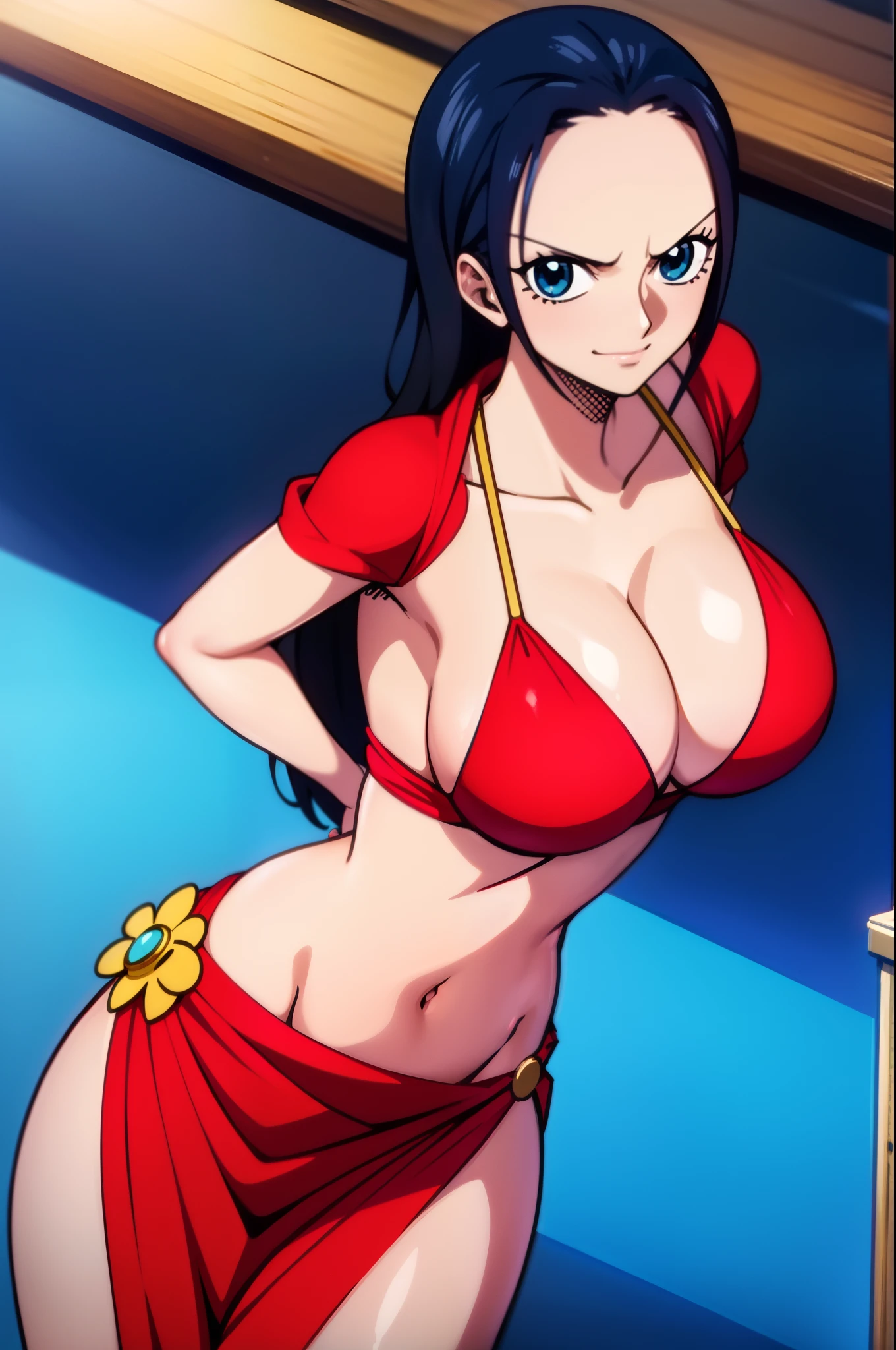 Robin de One Piece,  pose, What if , Elly, Red sari, 8k, anime, Shore, Big Boob, large , Looks  perfect quality eyes blue eyes standing blue 