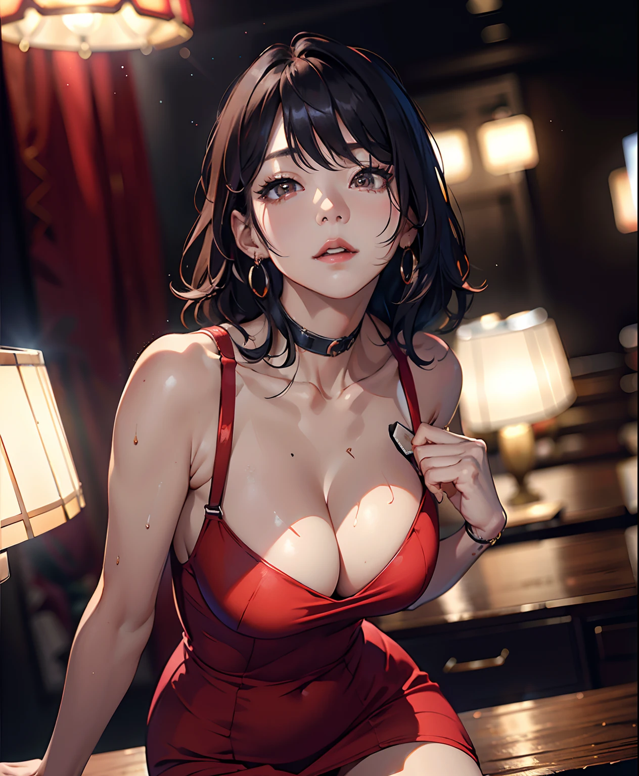 Ace, 4k, High Resolution, Masterpiece, Best Quality, Head: 1.3, (Korean K-pop Idol), Fine Skin, Sharp Focus, (Cinema Lighting), Clavicle, Morning, Soft Light, Dynamic Angle, [: (detailed face:1.2):0.2], armpit wrinkles, thigh gap, red dress, slim, mid-chest, cleavage, full body,