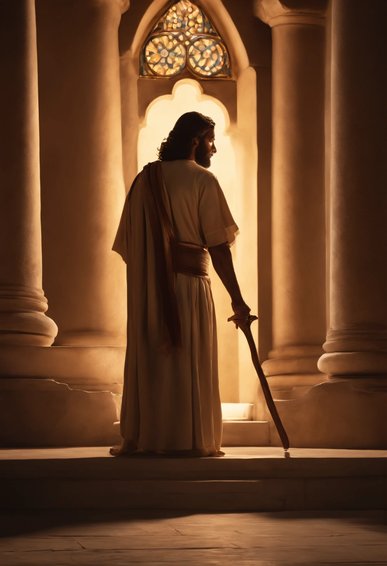 (best quality, 8k), Clear focus: 1.2, homem jovem, Biblical style, time of Jesus Christ, with a staff in his hands, imagem de perfil, corpo inteiro, egipcian, Realistic lighting added, Pay attention to adjust the proportions.