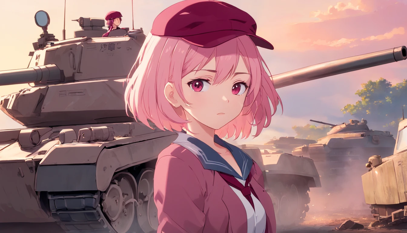 short pastel pink hair, short shoulder length hair, light pink hair, closed eyes, pale skin, porcelain skin, burgundy red cap, red cap, a light blush, looking at the viewer, red tie, red soldier clothes, burgundy red boots, repairing a battle tank