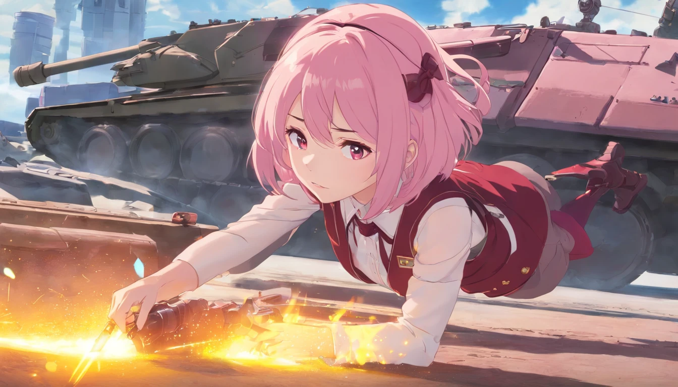 short pastel pink hair, short shoulder length hair, light pink hair, closed eyes, pale skin, porcelain skin, burgundy red cap, red cap, a light blush, looking at the viewer, red tie, red soldier clothes, burgundy red boots, repairing a battle tank