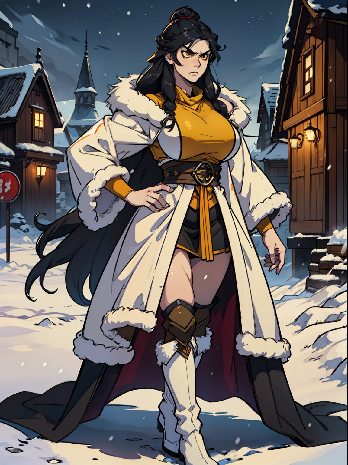 solo, (1girl), huge breasts, full body, ((very long hair)), black hair, yellow eyes, pale skin, standing, tall, ((muscular)), viking, fur trim coat, snow, angry, winter village