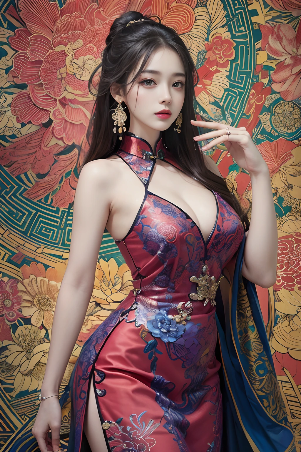 (masterpiece, top quality, best quality, official art, beautiful and aesthetic:1.2), (1girl:1.3), extremely detailed,(fractal art:1.1),(colorful:1.1)(flowers:1.3),highest detailed,(zentangle:1.2), (dynamic pose), (abstract background:1.3), (chinese Traditional cloth:1.2), (shiny skin), (many colors:1.4), ,(earrings:1.4),