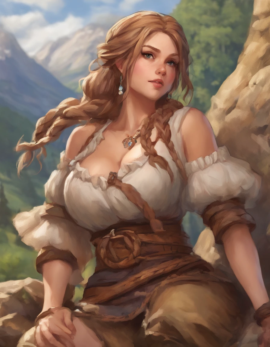 ultra detail, high resolution, ultra detailed, best quality, amazing, top quality, 1woman, pose, dwarf, female dwarf, fantasy, braids, stout, wide body type, large breasts, huge breasts, breasts larger than head, wide hips, short, shortstack, mountain dwarf, pants, boob window, long black hair, braided hair, 5 feet tall, short height, sexy, thick, muscular, breasts, big boobs, large boobs, huge boobs, bigger boobs, stout body, broad body, buxom, squat, broad body