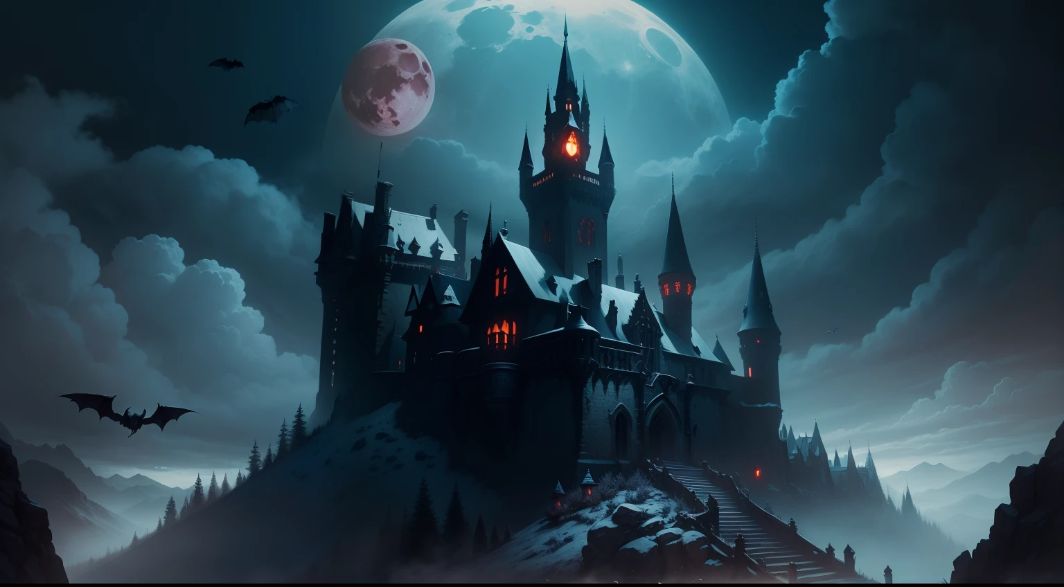 dark fantasy stylized horror like Old transylvanian gothic castle in mountain, bats, owls, blood moon, wolfs