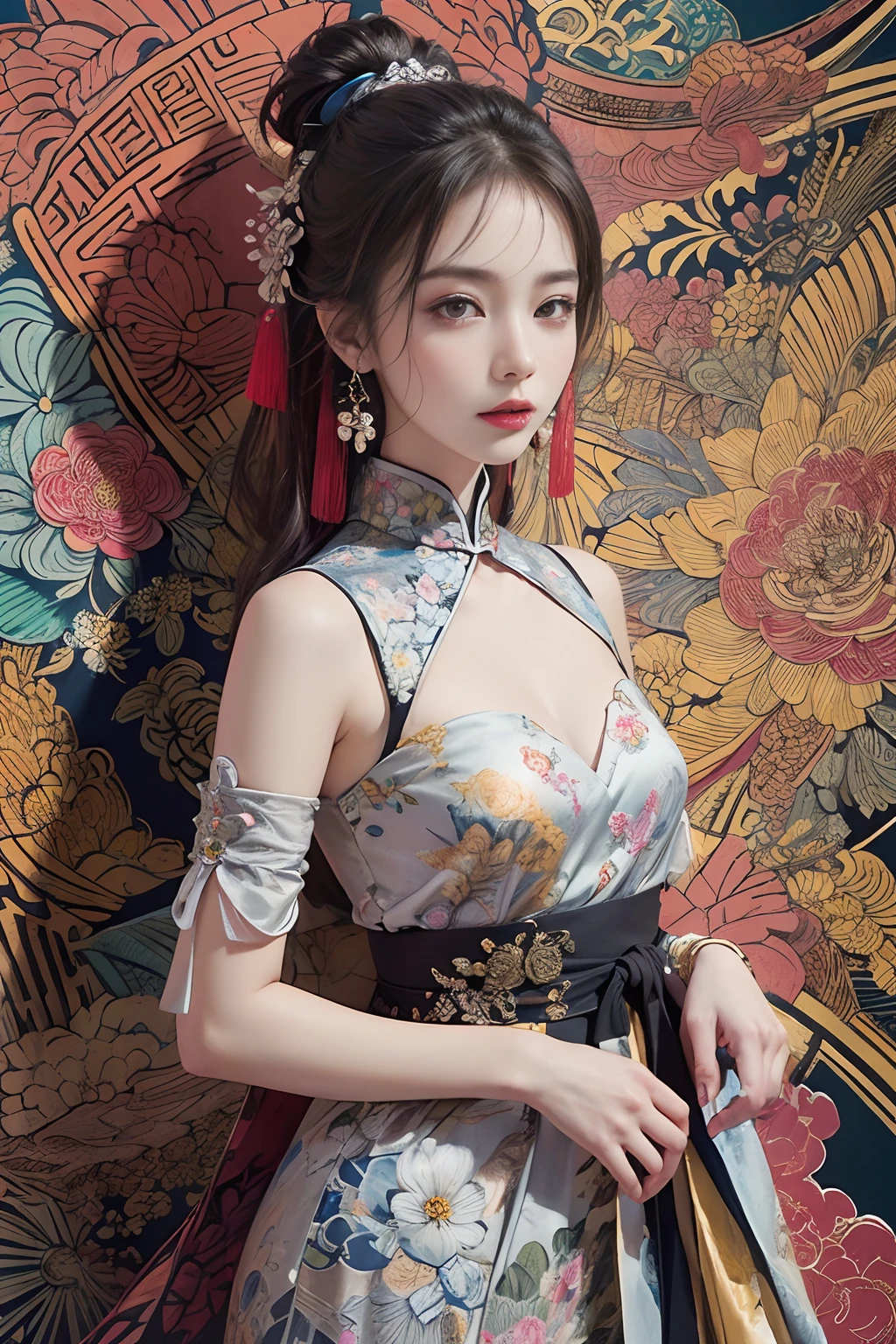 (masterpiece, top quality, best quality, official art, beautiful and aesthetic:1.2), (1girl:1.3), extremely detailed,(fractal art:1.1),(colorful:1.1)(flowers:1.3),highest detailed,(zentangle:1.2), (dynamic pose), (abstract background:1.3), (chinese Traditional cloth:1.2), (shiny skin), (many colors:1.4), ,(earrings:1.4),