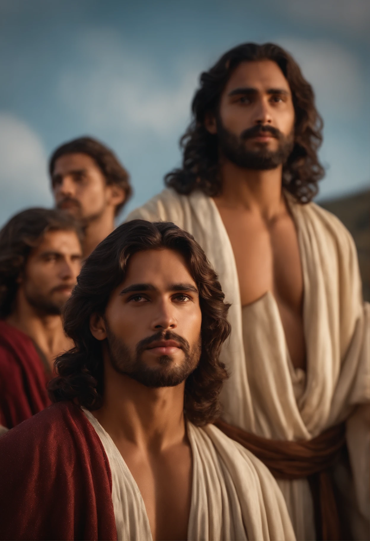 (melhor qualidade, 8k), Clear focus: 1.2, Three young men, Biblical style, tempo de Jesus Cristo, imagem de perfil, Realistic lighting added, Pay attention to adjust the proportions.