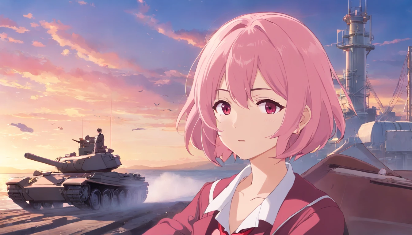 short pastel pink hair, short shoulder length hair, light pink hair, closed eyes, closed eyes, closed eyes, pale skin, porcelain skin, burgundy red cap, red cap, a light blush, looking at the viewer, red tie, red soldier clothes, burgundy red boots, repairing a battle tank