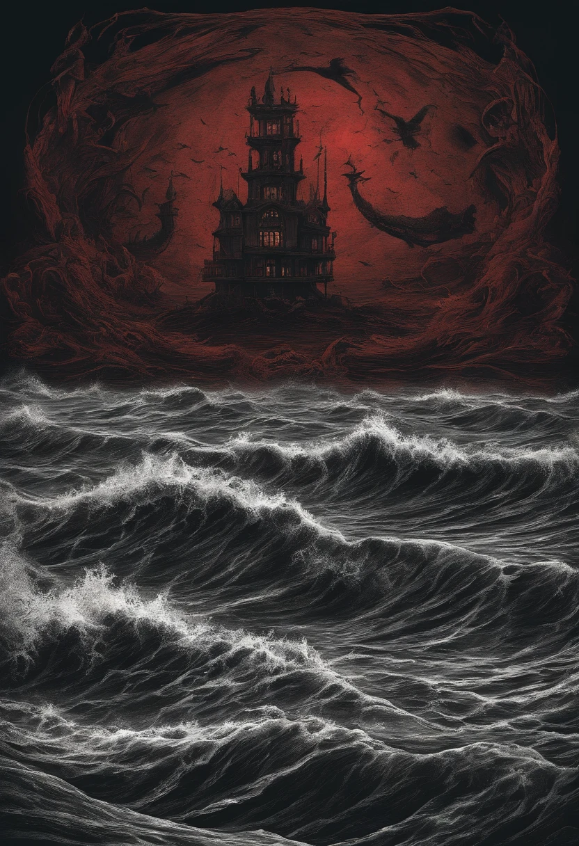 blood red waves and stormy skies, dark and sinister atmosphere, detailed and chaotic sea creatures, violent and turbulent water, haunting and intense emotions, chilling and ominous mood, surreal and distorted perspective, hauntingly beautiful mermaids, hauntingly beautiful sirens, distorted and eerie reflections, powerful and oppressive presence, historical and political symbolism