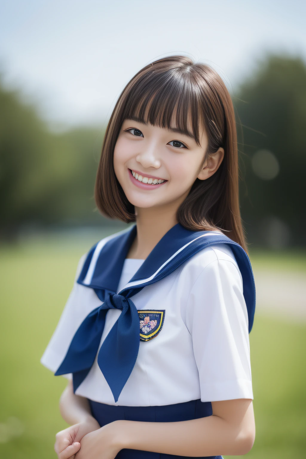 neat college girl, (school uniform, sailor uniform, ribbon tied at chest, summer clothes, upper body white, skirt dark blue, short sleeves), outside the athletic field, (slim), photorealistic, detail, skin texture, ultra detail, delicate and sexy collarbone, smile, super detailed face, detailed lips, detailed eyes, double eyelids, small breasts, small breasts, small, flat breasts, breast emphasis