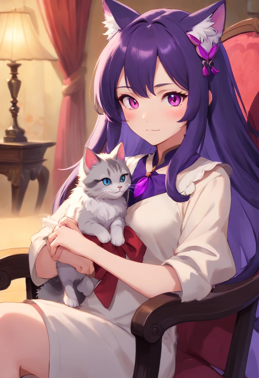 There is a cat with four ears and a purple collar sitting in a chair, dramatic cinematic detailed fur, 8k arte detalhada de alta qualidade, personagem de fantasia hiperdetalhado, fanart detalhado, arte de fantasia peluda, em um trono de cristais, Commission for High Res, Mago da Raposa Negra, Retrato de Ahri, super detailed rendering, impressionante estilo de arte detalhado, wlop intrincado