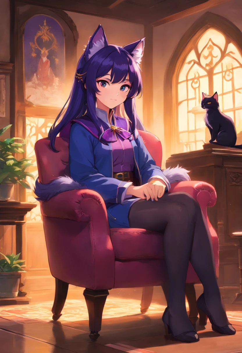 There is a cat with four ears and a purple collar sitting in a chair, dramatic cinematic detailed fur, 8k arte detalhada de alta qualidade, personagem de fantasia hiperdetalhado, fanart detalhado, arte de fantasia peluda, em um trono de cristais, Commission for High Res, Mago da Raposa Negra, Retrato de Ahri, super detailed rendering, impressionante estilo de arte detalhado, wlop intrincado
