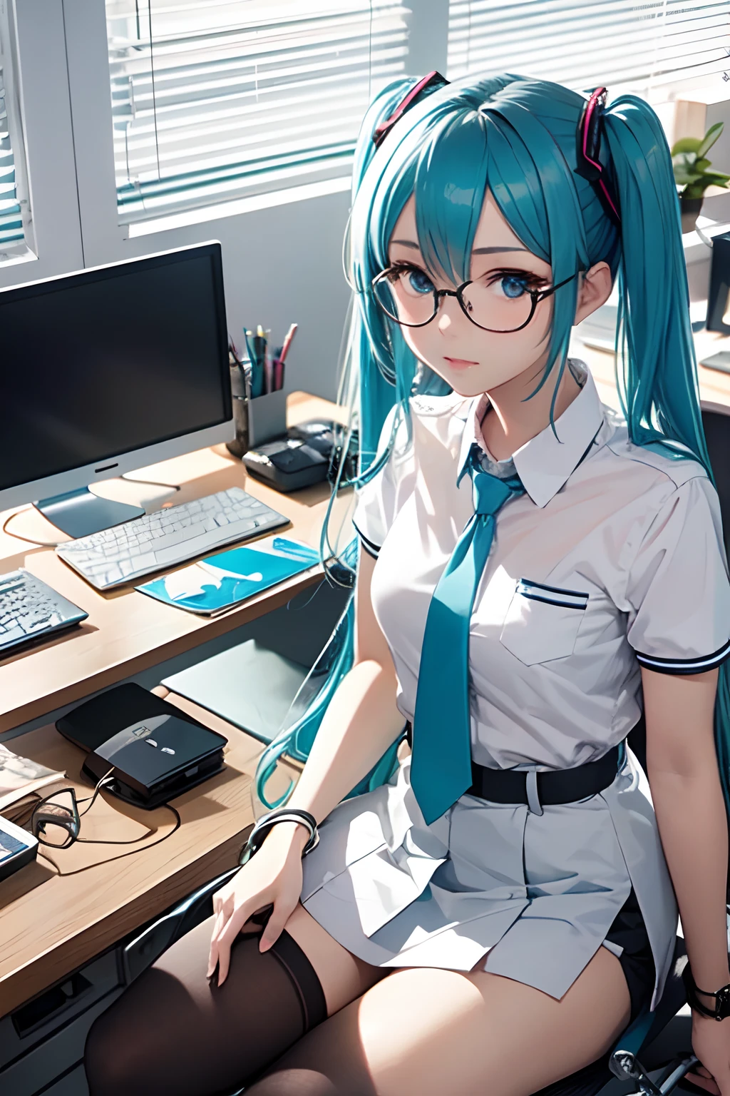 eye glass。top-quality, Photorealistic, An ultra-fine illustrations, beautiful attractive anime girl, miku hatsune, Slender body, Tied hair, one girls, a photo of girl, Full body shot, Beautiful blue eyes, Turned, in a office、Sitting at your desk、Women's Suits、