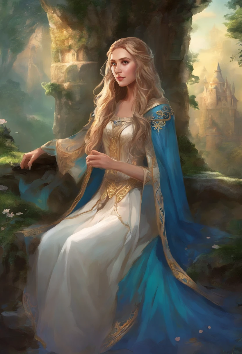 Elizabeth olsen como uma feiticeira rpg medieval,poderesa bruxa,com uma capa azul claro,e cabelos negros e ondulados e grandes,um vestido longo e olhos esmeralda