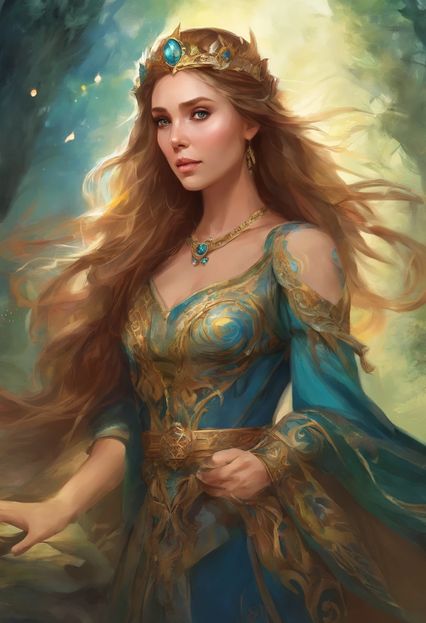 Elizabeth olsen como uma feiticeira rpg medieval,poderesa bruxa,com uma capa azul claro,e cabelos negros e ondulados e grandes,um vestido longo e olhos esmeralda