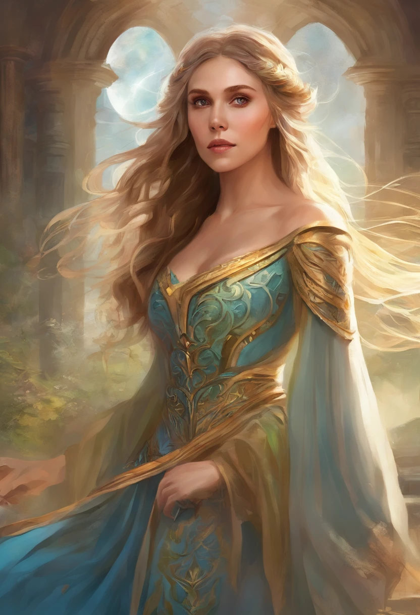 Elizabeth olsen como uma feiticeira rpg medieval,poderesa bruxa,com uma capa azul claro,e cabelos negros e ondulados e grandes,um vestido longo e olhos esmeralda
