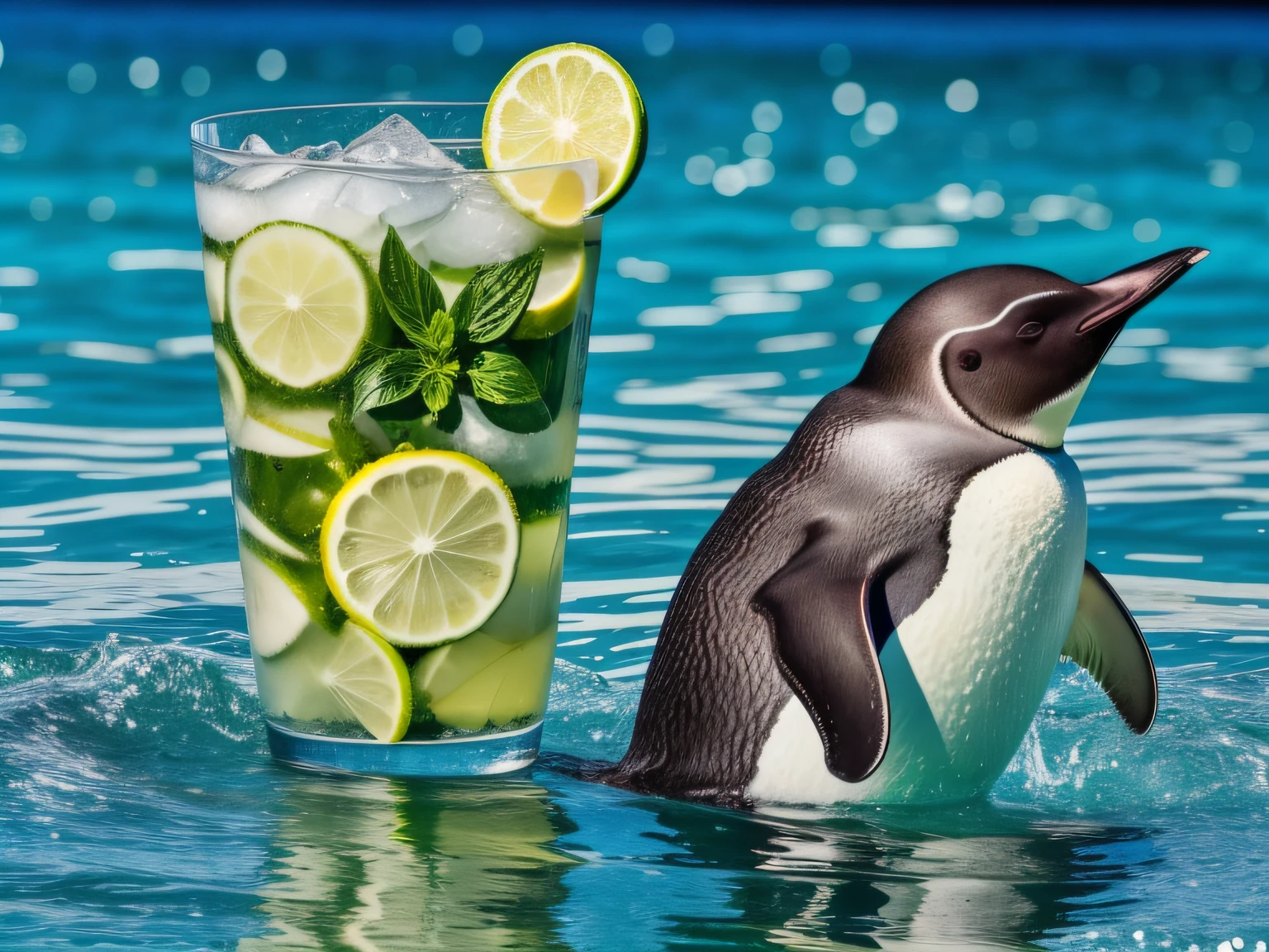 UN PINGUINO TOMANDOSE UN MOJITO, ALTA DEFINICION Y DETALLE, UHD, 8K