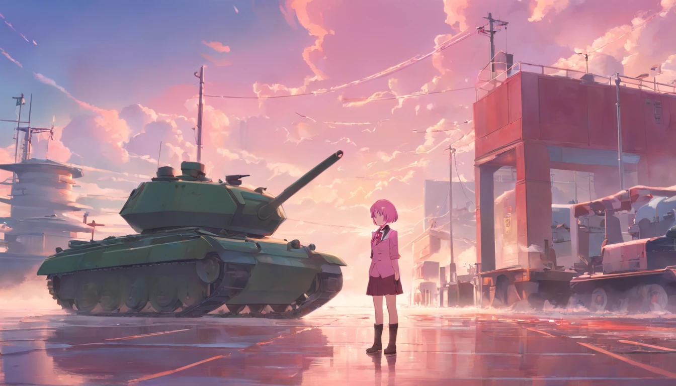 short pastel pink hair, short shoulder length hair, light pink hair, closed eyes, pale skin, porcelain skin, burgundy red cap, red cap, a light blush, looking at the viewer, red tie, red soldier clothes, burgundy red boots, repairing a battle tank