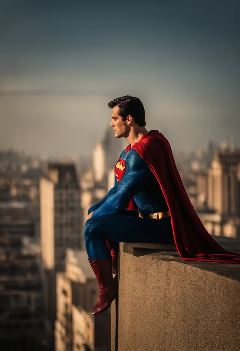 Superman sitting on the edge of a building,Capa voando. Olhando para o por do sol,City of Metropolises. Super-homem.