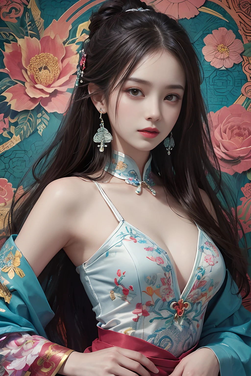 (masterpiece, top quality, best quality, official art, beautiful and aesthetic:1.2), (1girl:1.3), extremely detailed,(fractal art:1.1),(colorful:1.1)(flowers:1.3),highest detailed,(zentangle:1.2), (dynamic pose), (abstract background:1.3), (chinese Traditional cloth:1.2), (shiny skin), (many colors:1.4), ,(earrings:1.4),