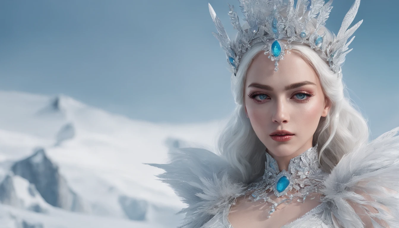 On glaciers in the Arctic,There is a princess of the Ice Kingdom sitting on the Ice Throne,8k,Hyper-realistic,Fashionab,tmasterpiece,high high quality,an award winning photograph,The is very detailed,astounding,finedetail,Highly detailed woman,very detailed eyes and faces,Rich colors, ultra-realistic and realistic textures, dramatic lighting