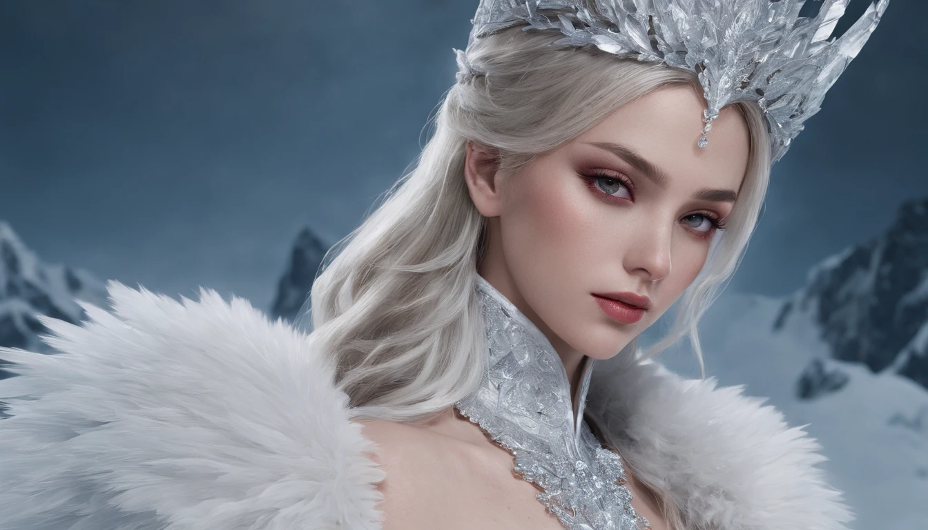 On glaciers in the Arctic，There is a princess of the Ice Kingdom sitting on the Ice Throne，8k，Hyper-realistic，Fashionab，tmasterpiece，high high quality，an award winning photograph，The is very detailed，astounding，finedetail，Highly detailed woman，very detailed eyes and faces，Rich colors, ultra-realistic and realistic textures, dramatic lighting