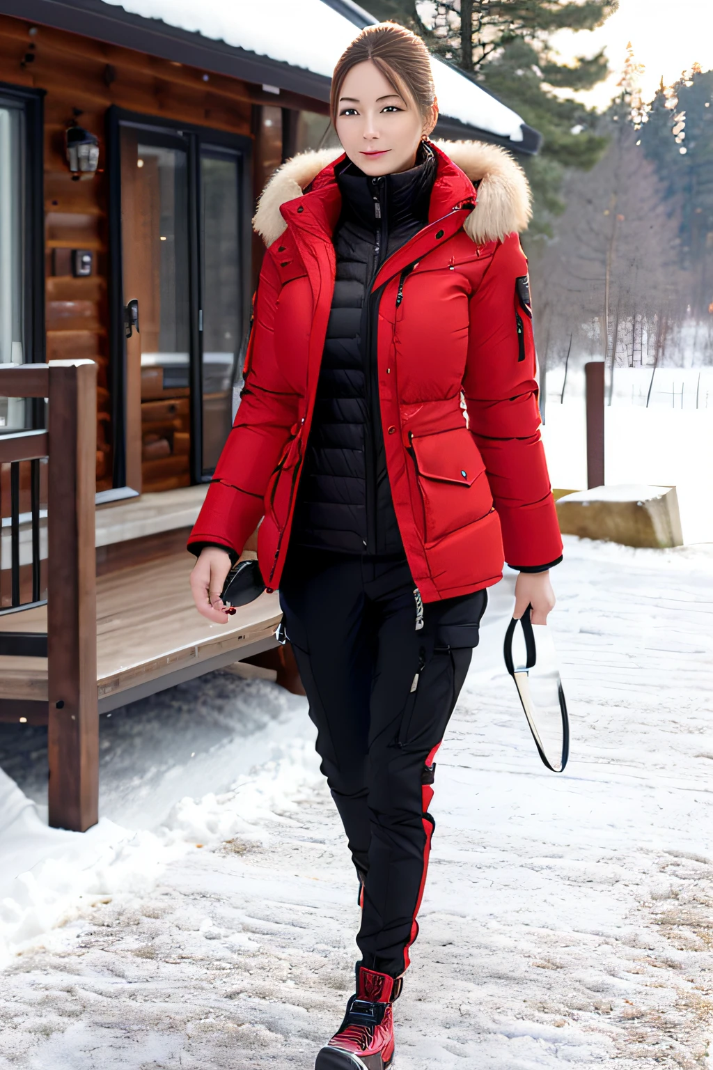 Make a woman with big breast, Red long winterjacket , with open zipper, with face, body, Lakeside house, travel bag, black pants, dog