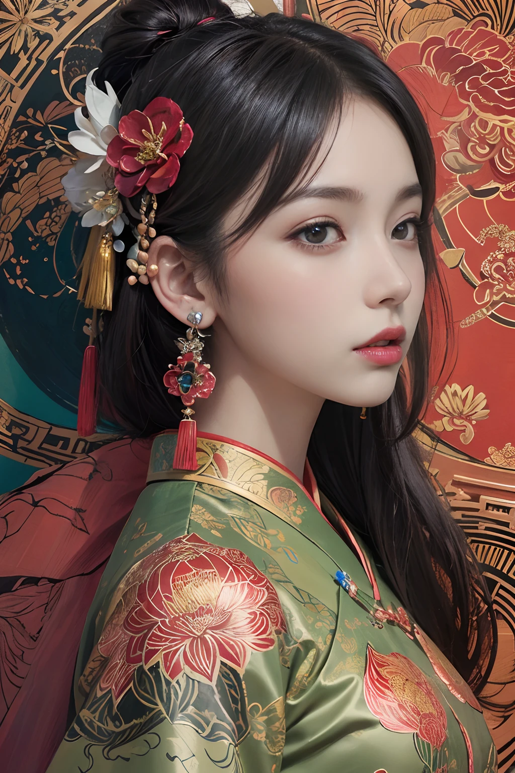 (masterpiece, top quality, best quality, official art, beautiful and aesthetic:1.2), (1girl:1.3), extremely detailed,(fractal art:1.1),(colorful:1.1)(flowers:1.3),highest detailed,(zentangle:1.2), (dynamic pose), (abstract background:1.3), (chinese Traditional cloth:1.2), (shiny skin), (many colors:1.4), ,(earrings:1.4),