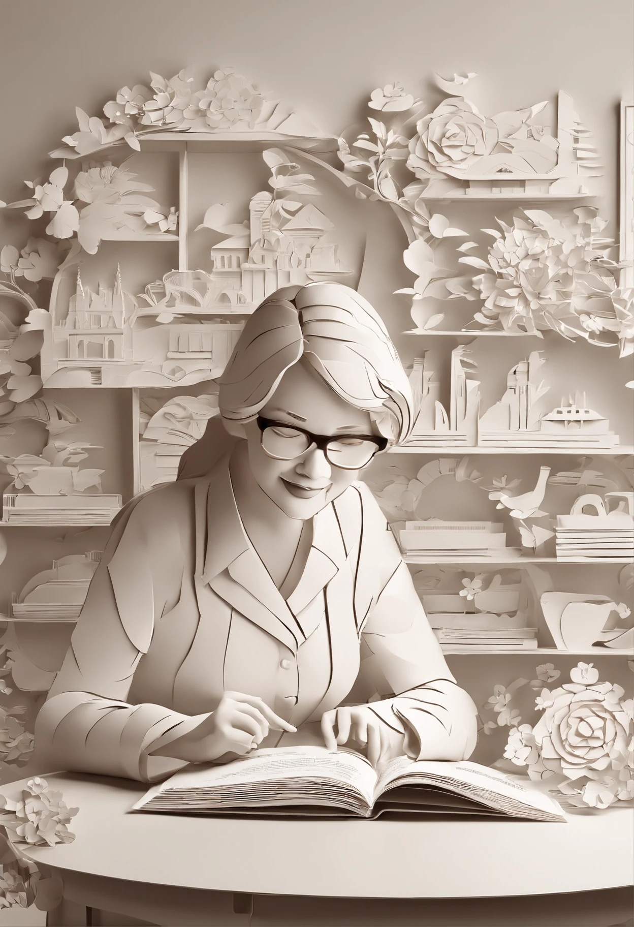Quality first,masterpiece in detail,Middle-aged woman wearing glasses,Be a teacher,sportrait,closeup cleavage,and five cute kids reading a book,in class room,fresh flowers,Rich in color
