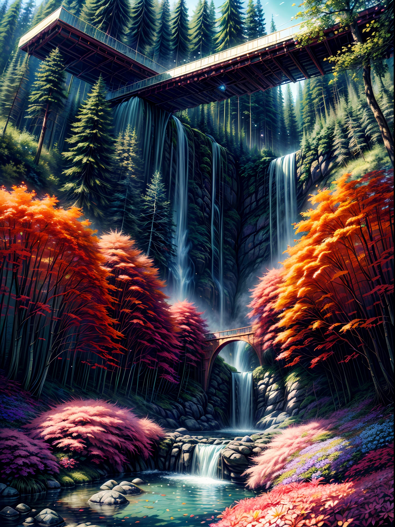A beautiful biopunk waterfall in nature, colorful, flowers, pine trees, a suspended bridge, punk, beeple.