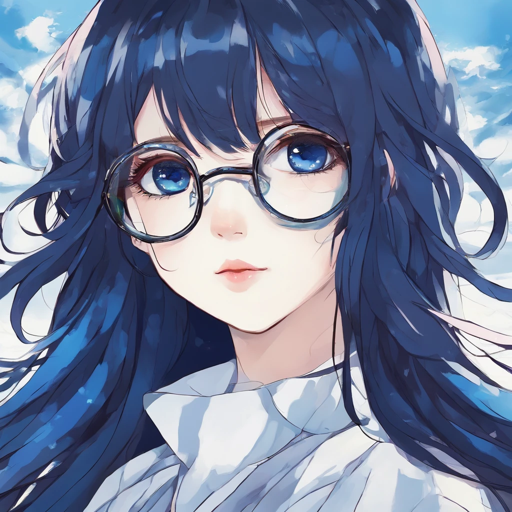 (beautiful scene:1.3) dark blue eyes, (very cute girl :1.1) round glasses, long dark blue hair, white skin, beautiful lips, small nose